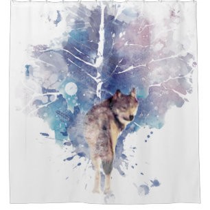 Rideaux De Douche Aquarelle Gris Loup Faune Animal Nature Art