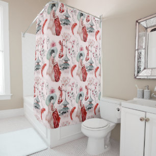 Rideaux De Douche Aquarelle Japonaise Pagode Lotus Koi Poisson