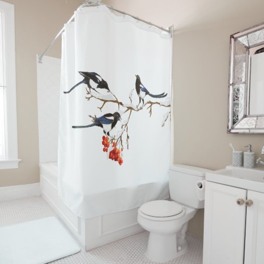 Rideaux De Douche Aquarelle Magpies Jardin Oiseau Faune Art (En situation)