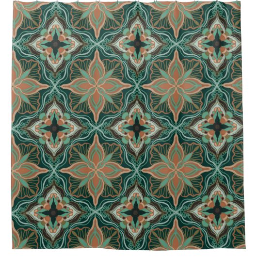 Rideaux De Douche Aquarelle Marocaine Turquoise Carrelage Floral (Devant)