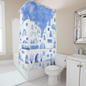 Rideaux De Douche Aquarelle moderne Santorin Grèce île (En situation)