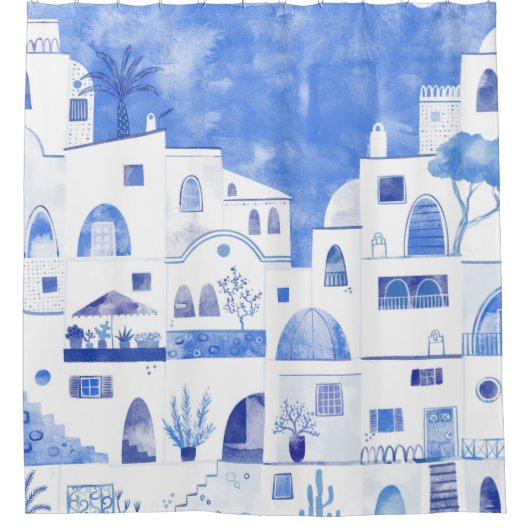 Rideaux De Douche Aquarelle moderne Santorin Grèce île (Devant)