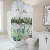 Rideaux De Douche Aquarelle monochrome bleu violet prairie (En situation)