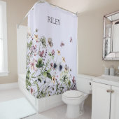 Rideaux De Douche Aquarelle monochrome Fleurs sauvages violets (En situation)