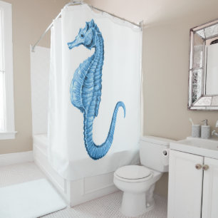 Rideaux De Douche Aquarelle nautique côtière bleue d'hippocampe