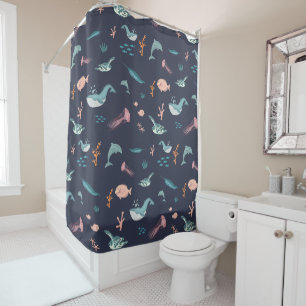 Rideaux De Douche Aquarelle Océan Sea Animaux Motif bleu
