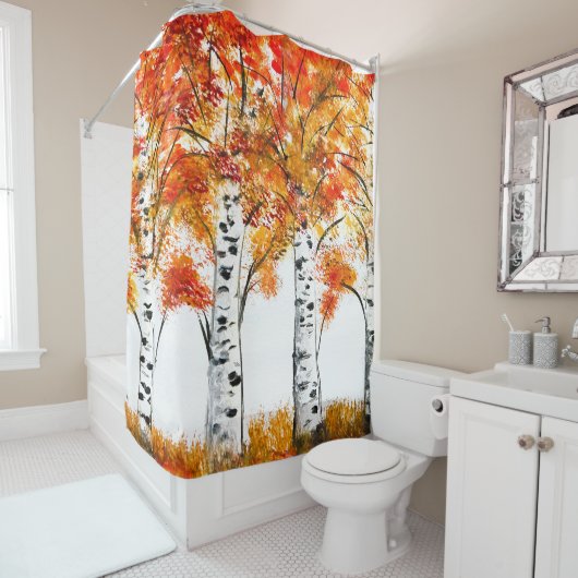 Rideaux De Douche Aquarelle Oiseaux Arbres Automne Orange Feuille (En situation)