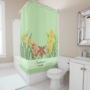 Rideaux De Douche Aquarelle Orange Fleur Jaune Vert Pois