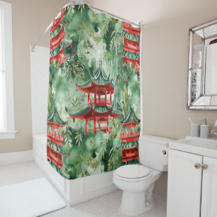 Rideaux De Douche Aquarelle Pagode asiatique dans paysage verdoyant