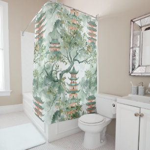 Rideaux De Douche Aquarelle Pagode asiatique dans paysage verdoyant