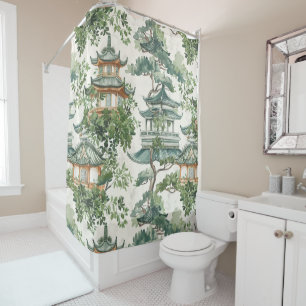 Rideaux De Douche Aquarelle Pagode asiatique dans paysage verdoyant