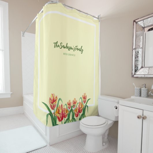 Rideaux De Douche Aquarelle Parrot Jaune Tulipes Art Floral (En situation)