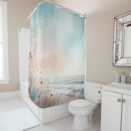 Rideaux De Douche Aquarelle Pastel Blue Pink Beach bord de mer (En situation)