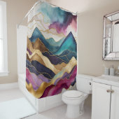 Rideaux De Douche Aquarelle Paysage Abstrait Or Bleu pourpre (En situation)