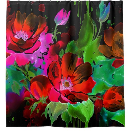 Rideaux De Douche Aquarelle Peinture de fleurs rouges sur noir (Devant)
