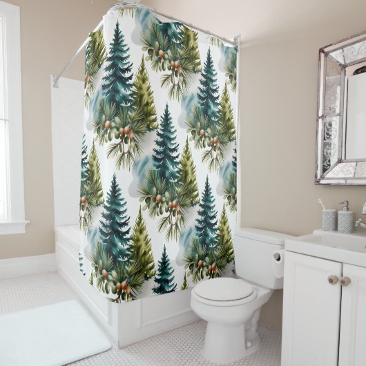 Rideaux De Douche Aquarelle Pine Motif Elégant hiver (En situation)