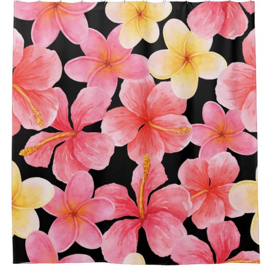 Rideaux De Douche Aquarelle Plumeria Hibiscus Fleurs Motif (Devant)