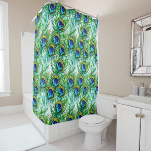 Rideaux De Douche Aquarelle Plumes de paon bleu et vert Collage