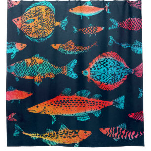 Rideaux De Douche Aquarelle Poissons : Bleu Profond Sans Mer