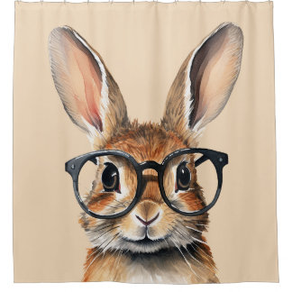 Rideaux De Douche Aquarelle Portrait Joli Lapin Avec Verres