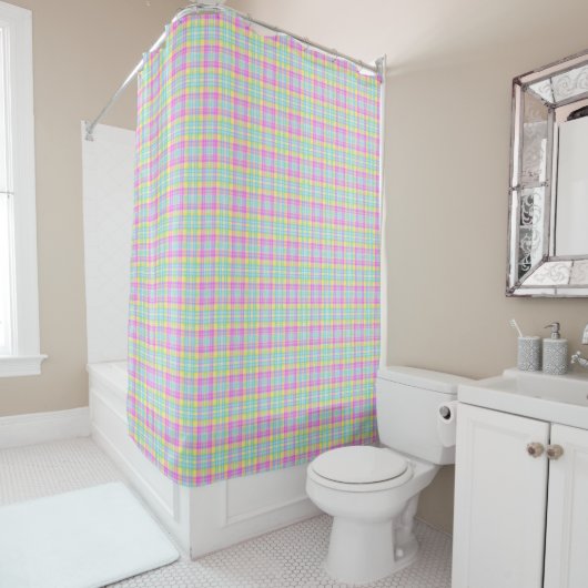 Rideaux De Douche aquarelle preppy été plaid pastels (En situation)
