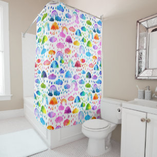 Rideaux De Douche Aquarelle Rainbow Umbrellas Rainy Day Girls