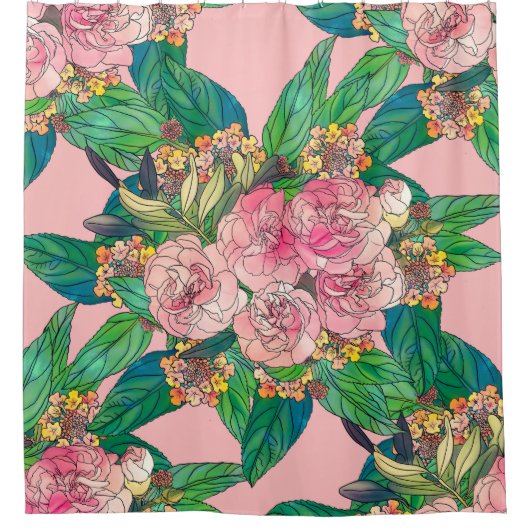 Rideaux De Douche Aquarelle rose de la fille Peinture à la main (Devant)