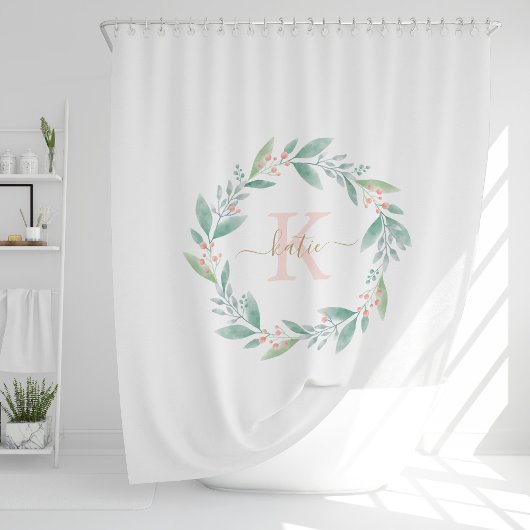Rideaux De Douche Aquarelle rose Floral Wreath Monogramme