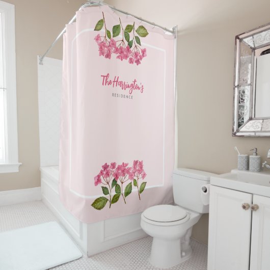 Rideaux De Douche Aquarelle rose Hydrangée Lacecaps Illustration (En situation)