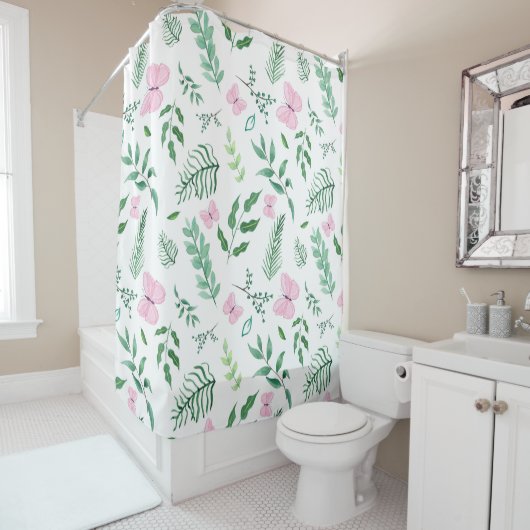 Rideaux De Douche Aquarelle rose papillon botanique (En situation)