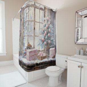 Rideaux De Douche Aquarelle rose Shabby Chic Noël