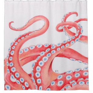 Rideaux De Douche Aquarelle rouge de poulpe de tentacules