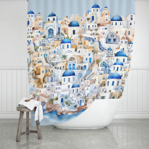 Rideaux De Douche Aquarelle Santorin Grèce Vacances grecques moderne