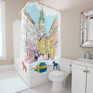 Rideaux De Douche Aquarelle Stockholm Suède Voyager cadeau Blanc