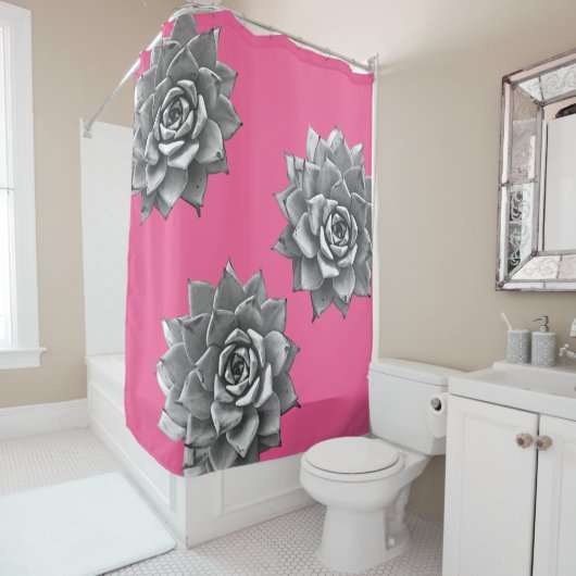 Rideaux De Douche Aquarelle Succulente Gris sur rose chaud (En situation)