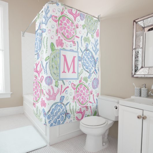 Rideaux De Douche Aquarelle Tortues marines Monogramme océanique côt (En situation)