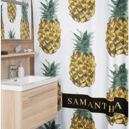 Rideaux De Douche Aquarelle tropicale Motif ananas avec nom