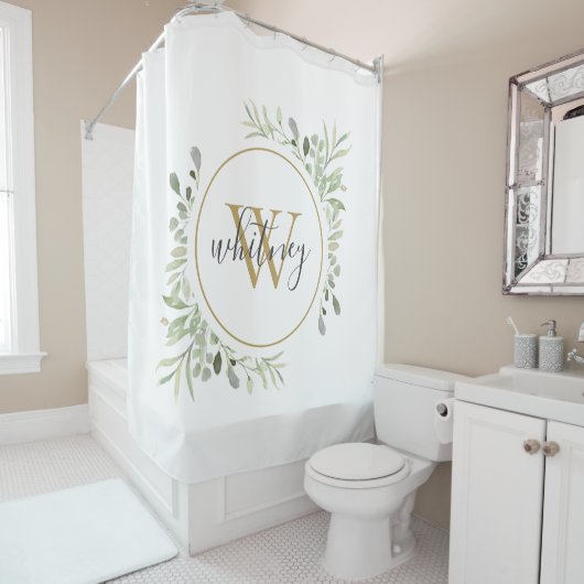 Rideaux De Douche Aquarelle Verdure Or Monogramme Chic Script (En situation)