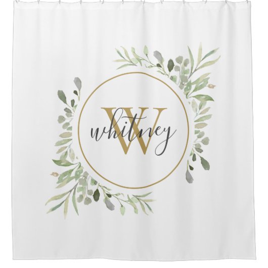 Rideaux De Douche Aquarelle Verdure Or Monogramme Chic Script (Devant)