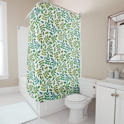 Rideaux De Douche Aquarelle vert motif floral botanique (En situation)