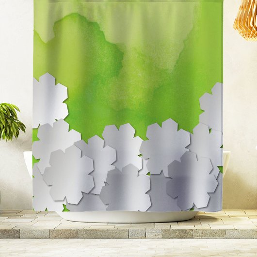 Rideaux De Douche Aquarelle verte et fleurs blanches