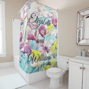 Rideaux De Douche Aquarelle vintage Champ de fleurs de pavot