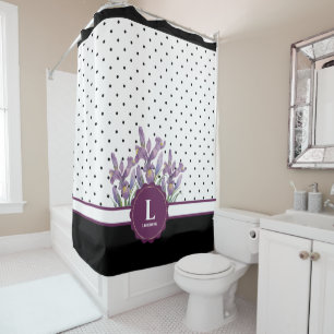 Rideaux De Douche Aquarelle violet Iris noir blanc Pois Show