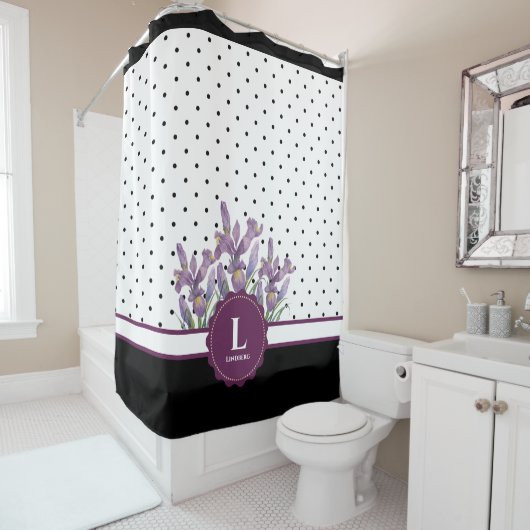 Rideaux De Douche Aquarelle violet Iris noir blanc Pois Show (En situation)
