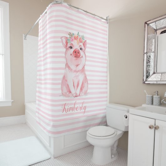 Rideaux De Douche Aquarelle Whimsal Cochon Pink Stripes (En situation)