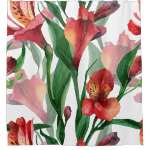Rideaux De Douche Aquarelles rouge vert et blanc Lys