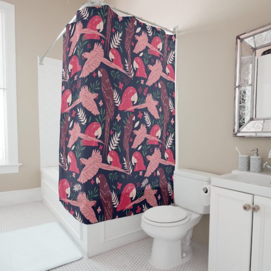 Rideaux De Douche Ara Parrot rouge rose dessin Tropical Leave Motif (En situation)