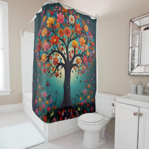 Rideaux De Douche Arbre en Fleur, Fleurs et papillons colorés