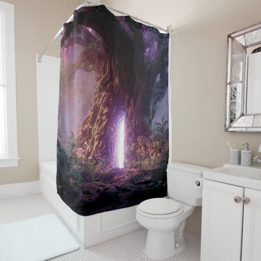 Rideaux De Douche Arbre Enchanté Surréaliste Avec Portail Lumineux (En situation)