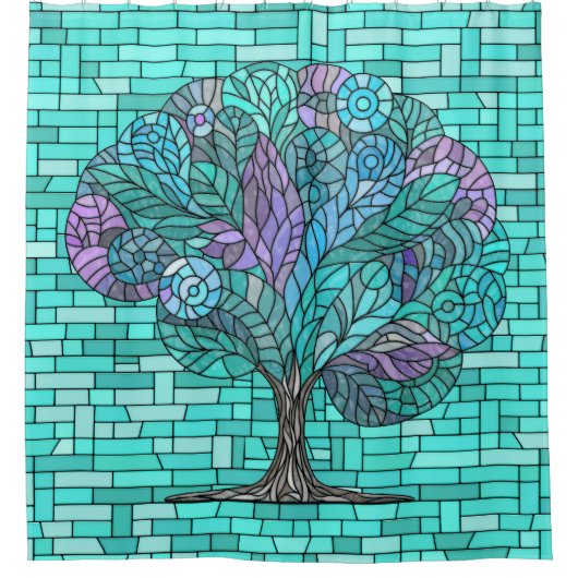 Rideaux De Douche Arbre mosaïque Art -Turquoise et violette (Devant)